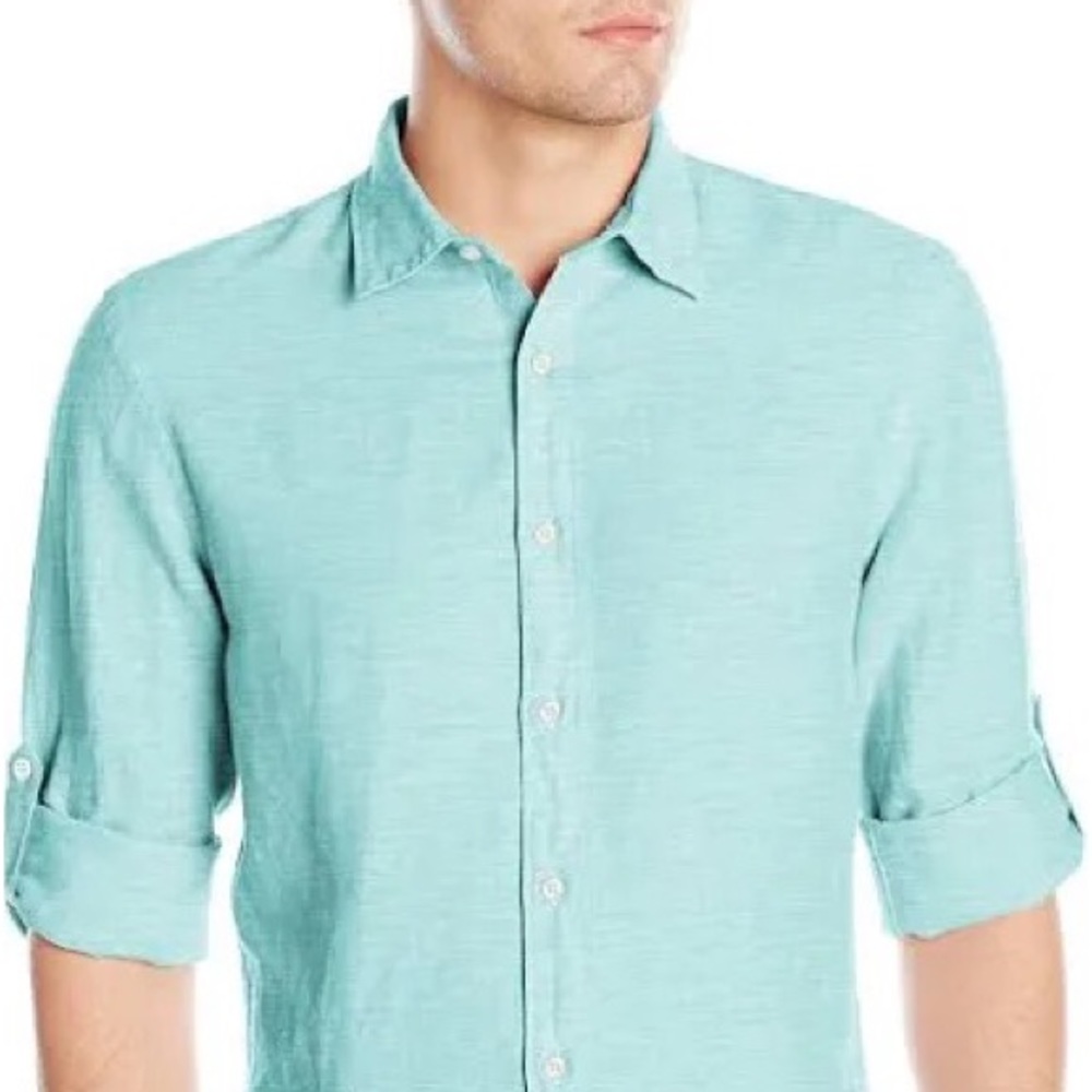💙💚Perry Ellis Linen Blend Blue-Green Roll Sleeve Button Down Sz M